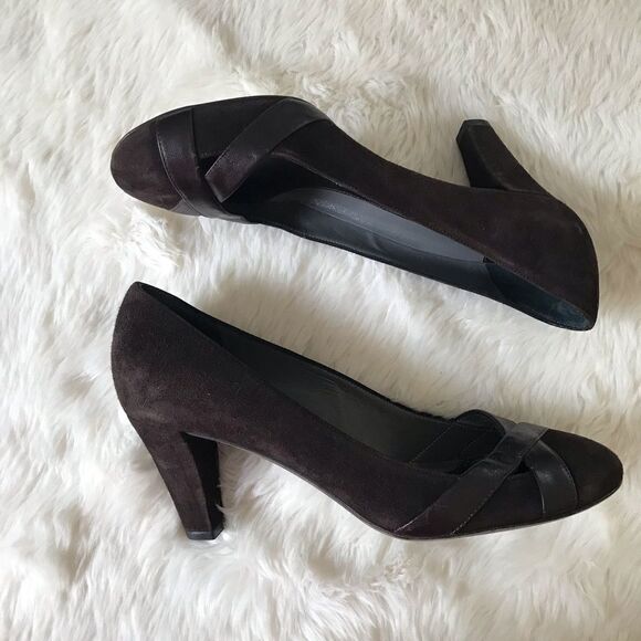 THEORY Suede Leather Heels Pumps Retro Pinup Round Toe Dark Brown Size 38.5 8.5 - Picture 8 of 12